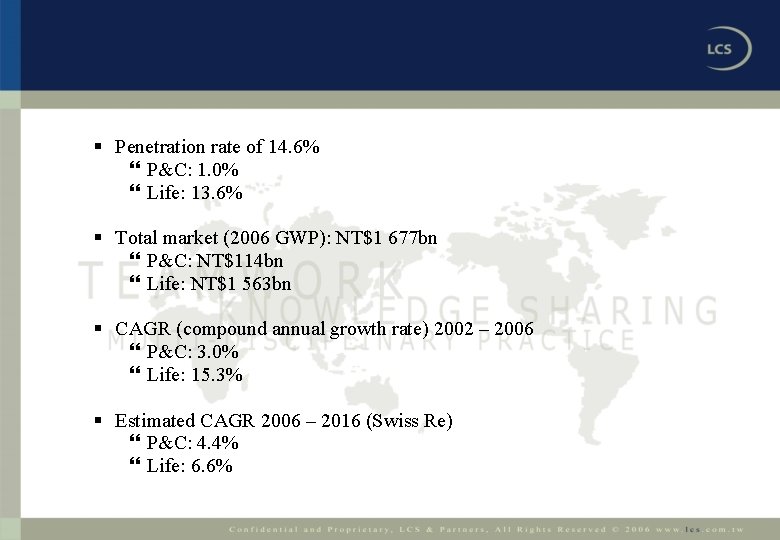 § Penetration rate of 14. 6% } P&C: 1. 0% } Life: 13. 6%