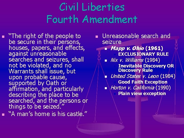 Civil Liberties Fourth Amendment n n “The right of the people to be secure