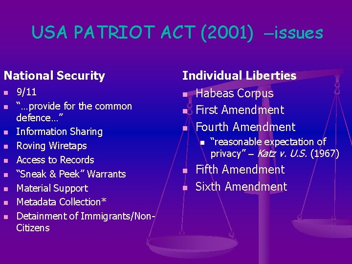 USA PATRIOT ACT (2001) –issues National Security n n n n n 9/11 “…provide