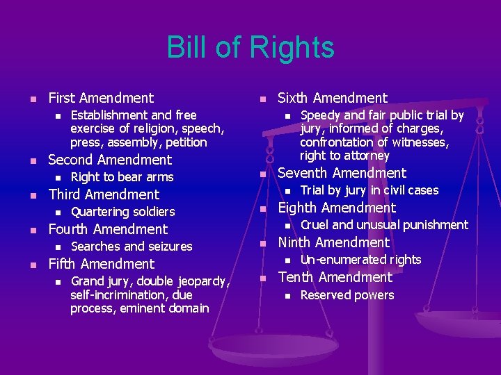 Bill of Rights n First Amendment n n n Quartering soldiers n Searches and