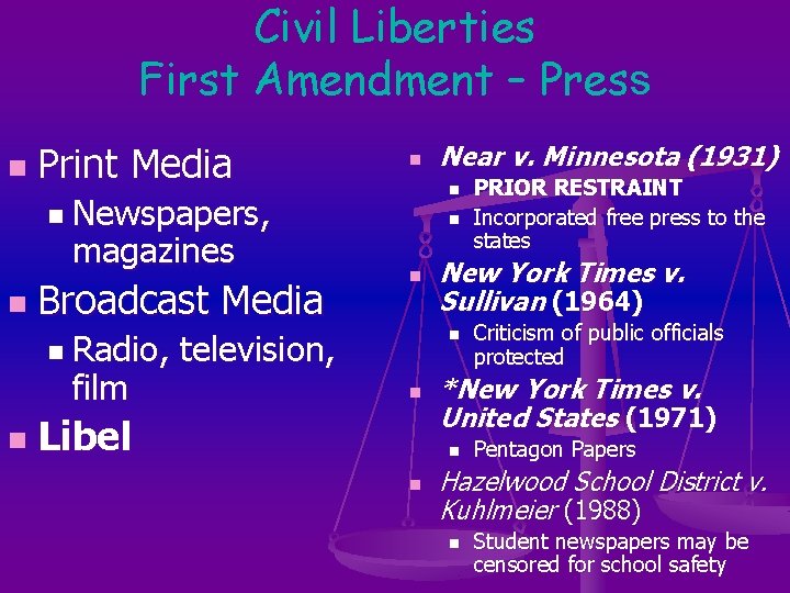 Civil Liberties First Amendment – Press n Print Media n n n Newspapers, magazines