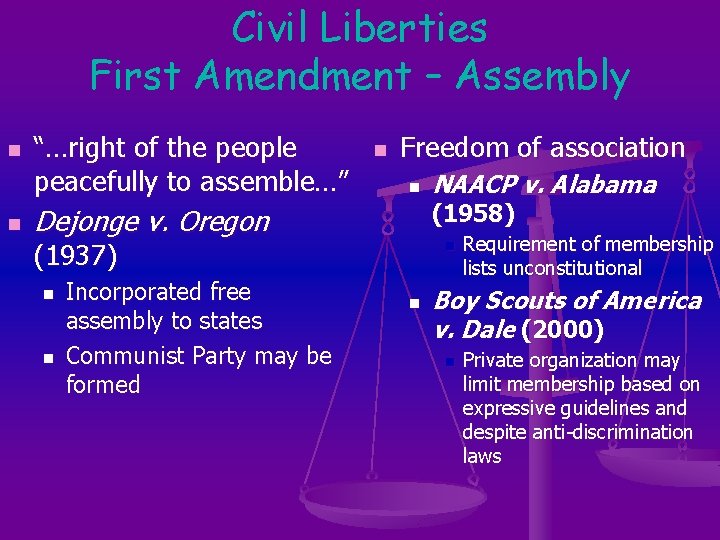 Civil Liberties First Amendment – Assembly n n “…right of the people peacefully to