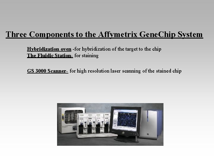 Three Components to the Affymetrix Gene. Chip System Hybridization oven -for hybridization of the