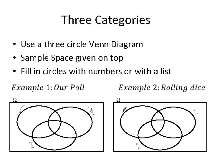 Three Categories • Use a three circle Venn Diagram • Sample Space given on
