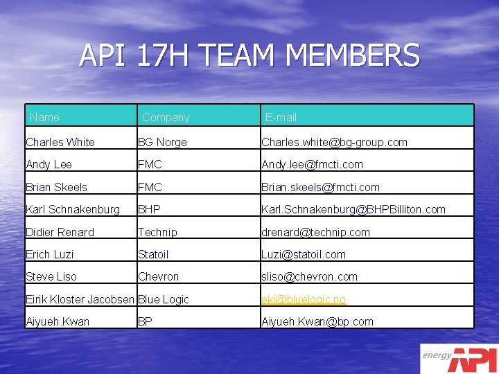 API 17 H TEAM MEMBERS Name Company E-mail Charles White BG Norge Charles. white@bg-group.