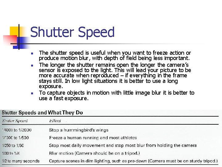 Shutter Speed n n n The shutter speed is useful when you want to Shutter Speed n n n The shutter speed is useful when you want to