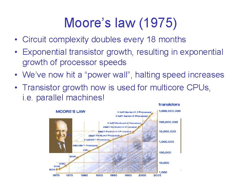 Moore’s law (1975) • Circuit complexity doubles every 18 months • Exponential transistor growth, Moore’s law (1975) • Circuit complexity doubles every 18 months • Exponential transistor growth,