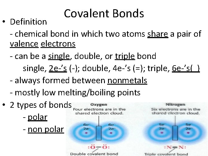 Covalent Bonds • Definition - chemical bond in which two atoms share a pair