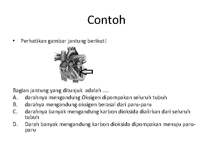 Contoh • Perhatikan gambar jantung berikut! Bagian jantung yang ditunjuk adalah. . A. darahnya