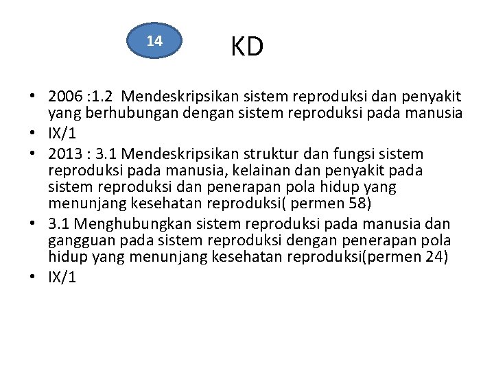 14 KD • 2006 : 1. 2 Mendeskripsikan sistem reproduksi dan penyakit yang berhubungan