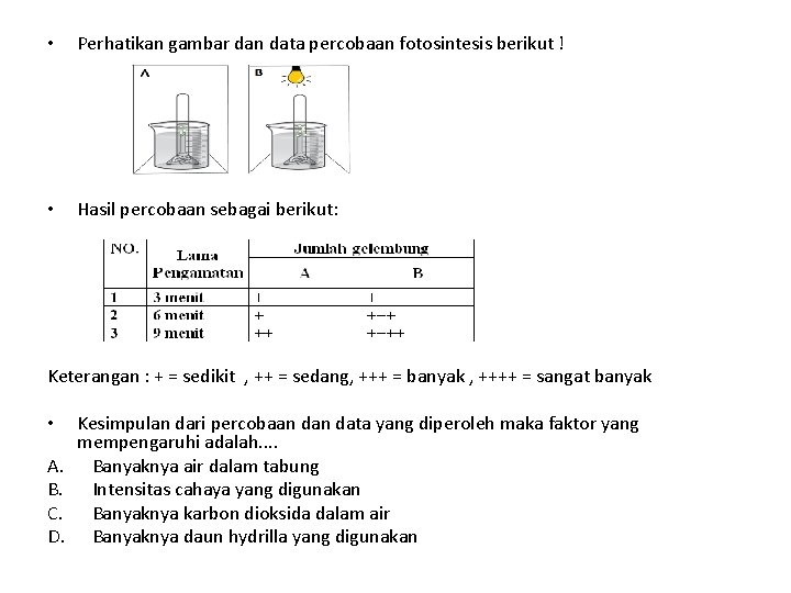  • Perhatikan gambar dan data percobaan fotosintesis berikut ! • Hasil percobaan sebagai