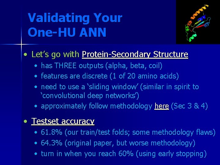 Validating Your One-HU ANN • Let’s go with Protein-Secondary Structure • • • has