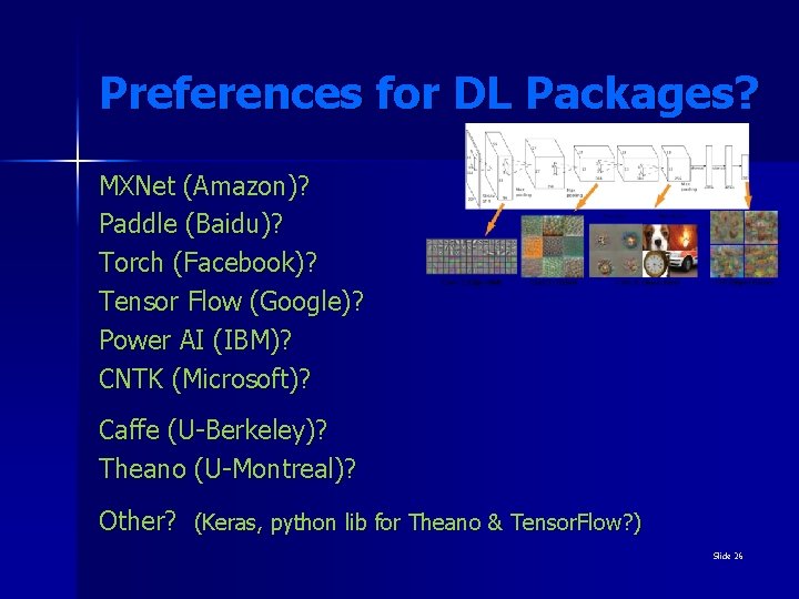 Preferences for DL Packages? MXNet (Amazon)? Paddle (Baidu)? Torch (Facebook)? Tensor Flow (Google)? Power
