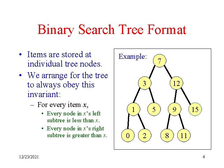 Binary Search Tree Format • Items are stored at individual tree nodes. • We