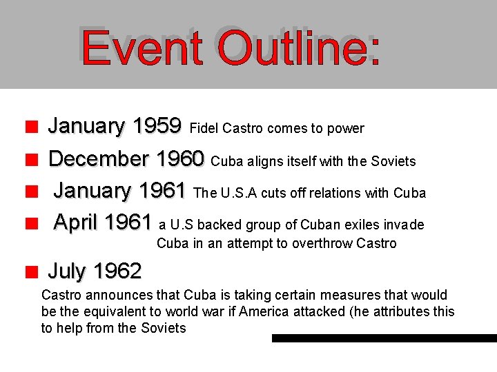 January 1959 Fidel Castro comes to power December 1960 Cuba aligns itself with the