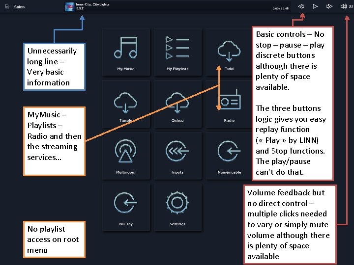 Unnecessarily long line – Very basic information My. Music – Playlists – Radio and