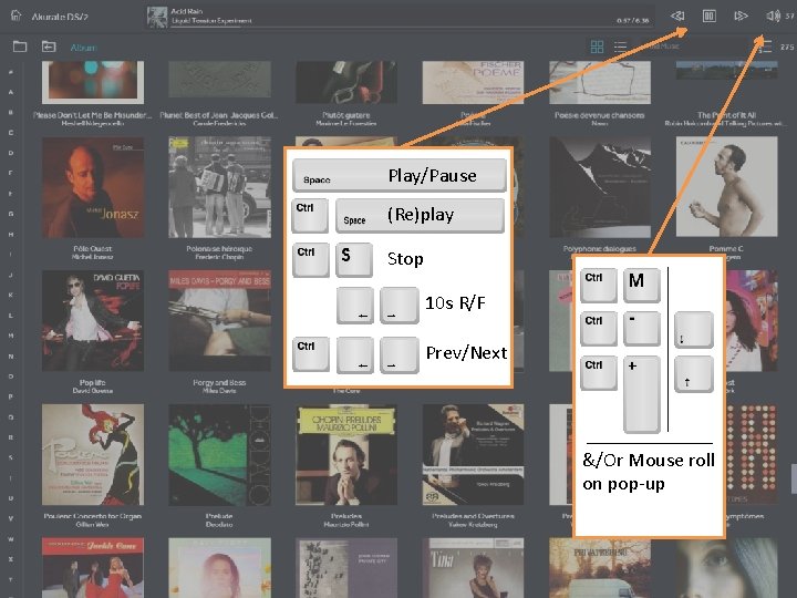 Play/Pause (Re)play Stop 10 s R/F Prev/Next &/Or Mouse roll on pop-up 