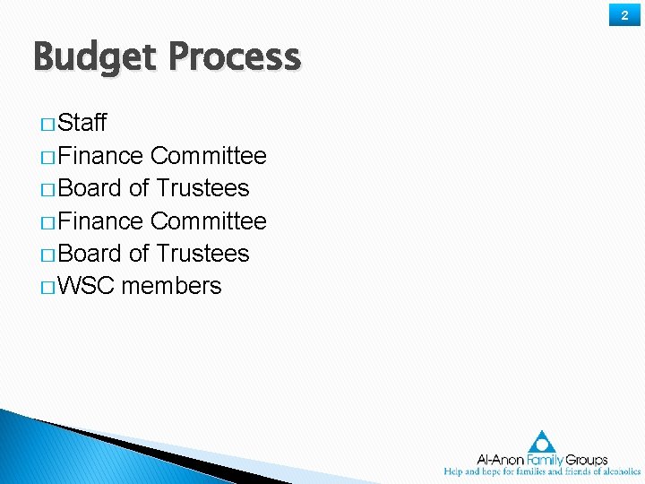 2 Budget Process � Staff � Finance Committee � Board of Trustees � WSC
