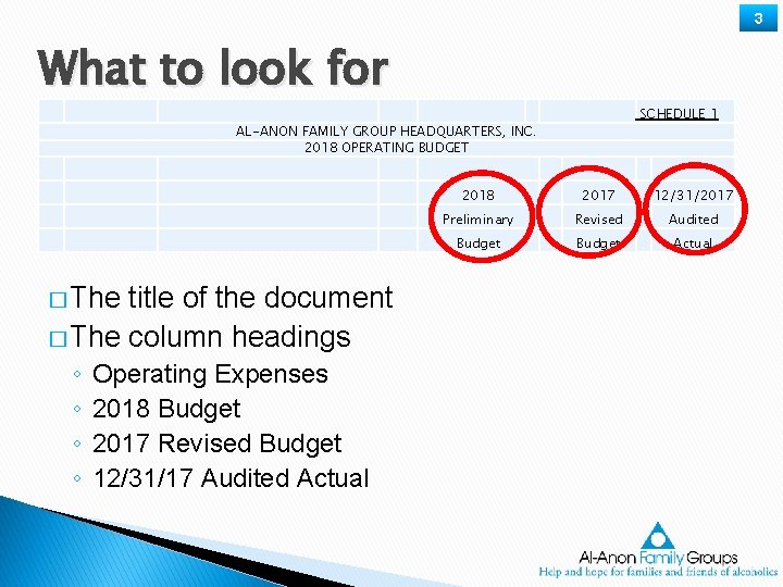 3 What to look for SCHEDULE 1 AL-ANON FAMILY GROUP HEADQUARTERS, INC. 2018 OPERATING