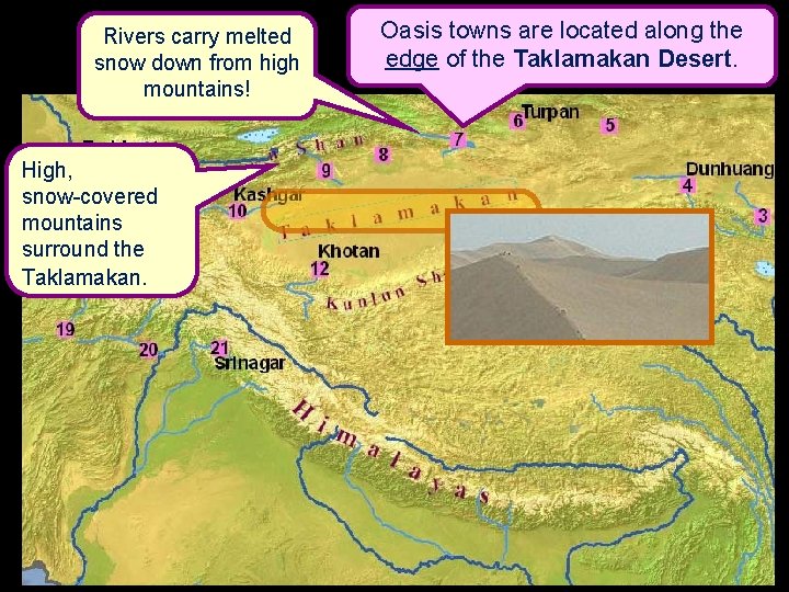 Rivers carry melted snow down from high mountains! High, snow-covered mountains surround the Taklamakan.