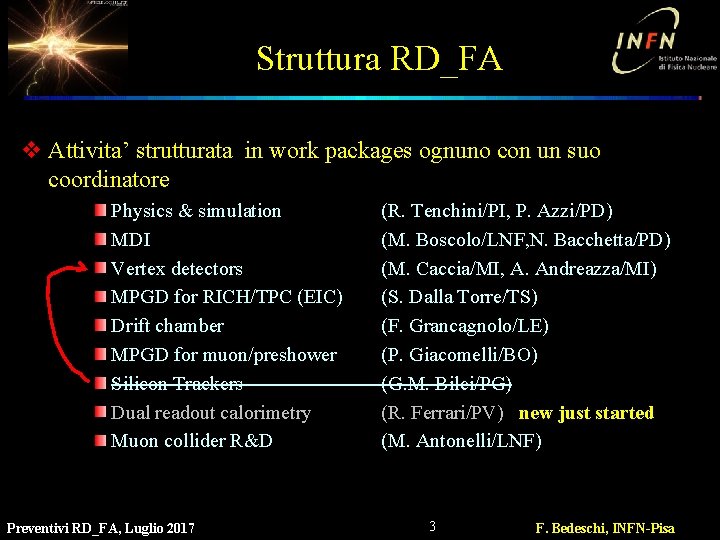 Struttura RD_FA v Attivita’ strutturata in work packages ognuno con un suo coordinatore Physics