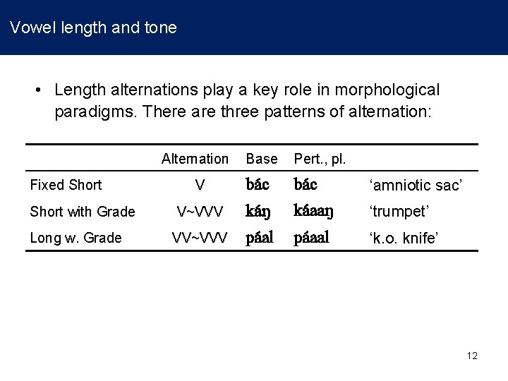 Vowel length and tone • Length alternations play a key role in morphological paradigms.
