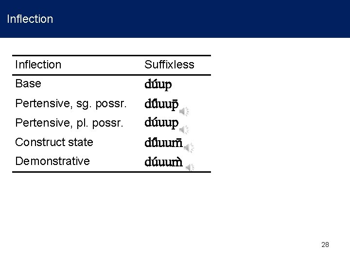 Inflection Suffixless Base du up du uup Pertensive, sg. possr. Pertensive, pl. possr. Construct