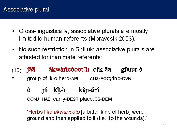 Associative plural • Cross-linguistically, associative plurals are mostly limited to human referents (Moravcsik 2003).