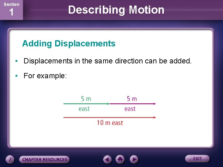 Section Describing Motion 1 Adding Displacements • Displacements in the same direction can be