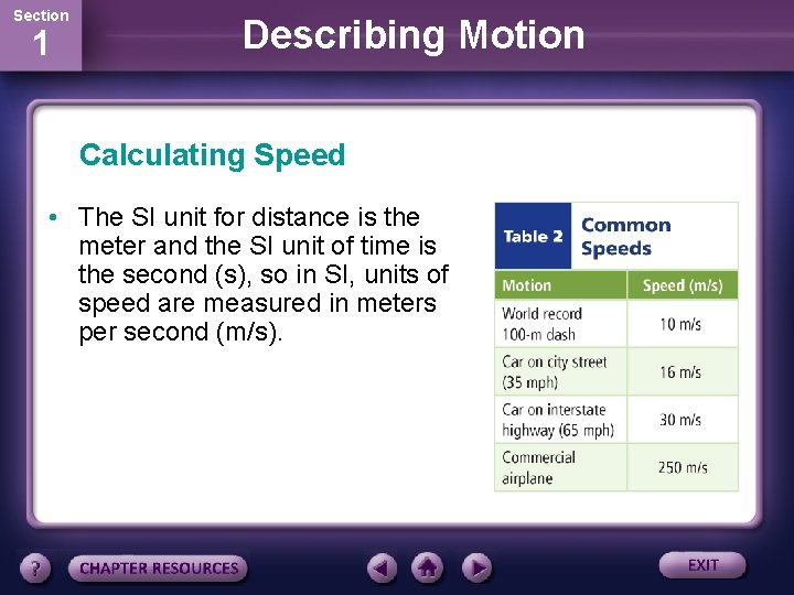 Section 1 Describing Motion Calculating Speed • The SI unit for distance is the