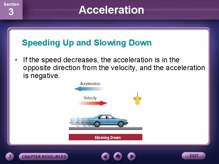 Section 3 Acceleration Speeding Up and Slowing Down • If the speed decreases, the