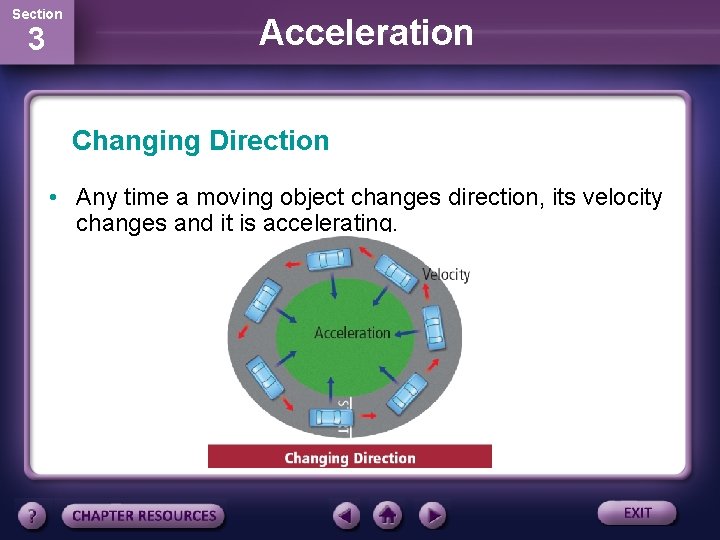 Section 3 Acceleration Changing Direction • Any time a moving object changes direction, its
