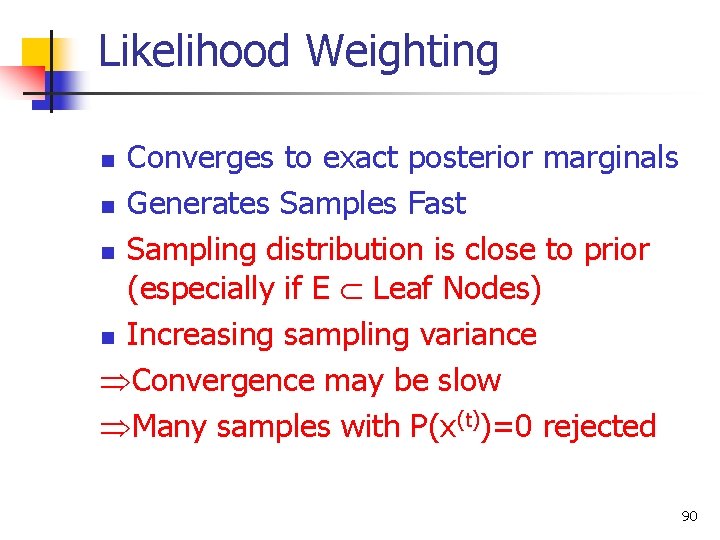 Likelihood Weighting Converges to exact posterior marginals n Generates Samples Fast n Sampling distribution