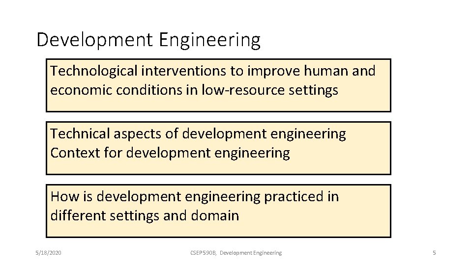 Development Engineering Technological interventions to improve human and economic conditions in low-resource settings Technical