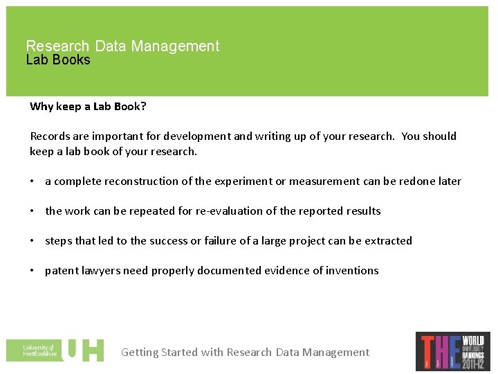 Research Data Management Lab Books Why keep a Lab Book? Records are important for
