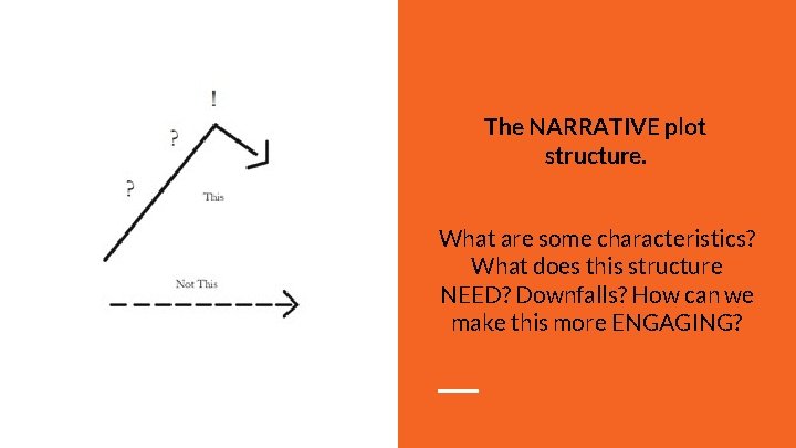 The NARRATIVE plot structure. What are some characteristics? What does this structure NEED? Downfalls?