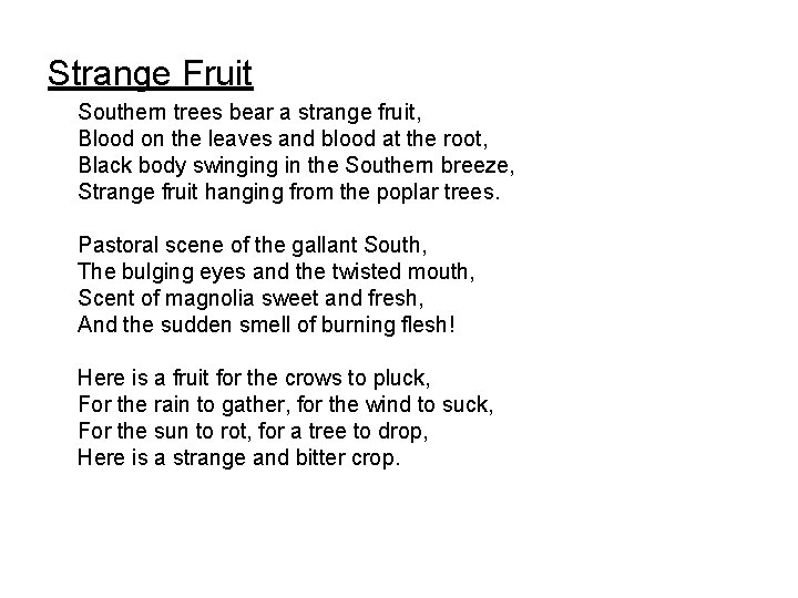 Strange Fruit Southern trees bear a strange fruit, Blood on the leaves and blood