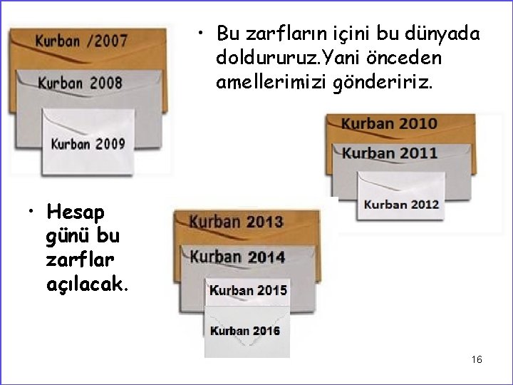  • Bu zarfların içini bu dünyada doldururuz. Yani önceden amellerimizi göndeririz. • Hesap