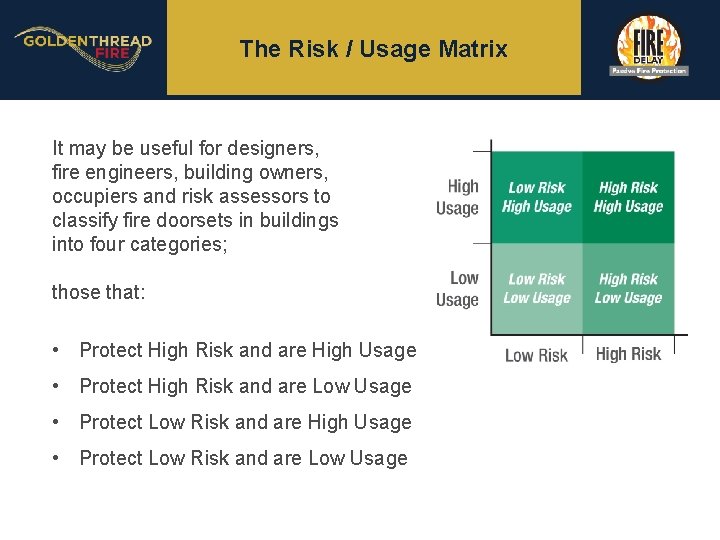 The Risk / Usage Matrix It may be useful for designers, fire engineers, building