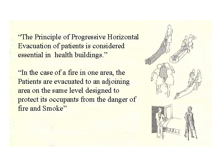 “The Principle of Progressive Horizontal Evacuation of patients is considered essential in health buildings.