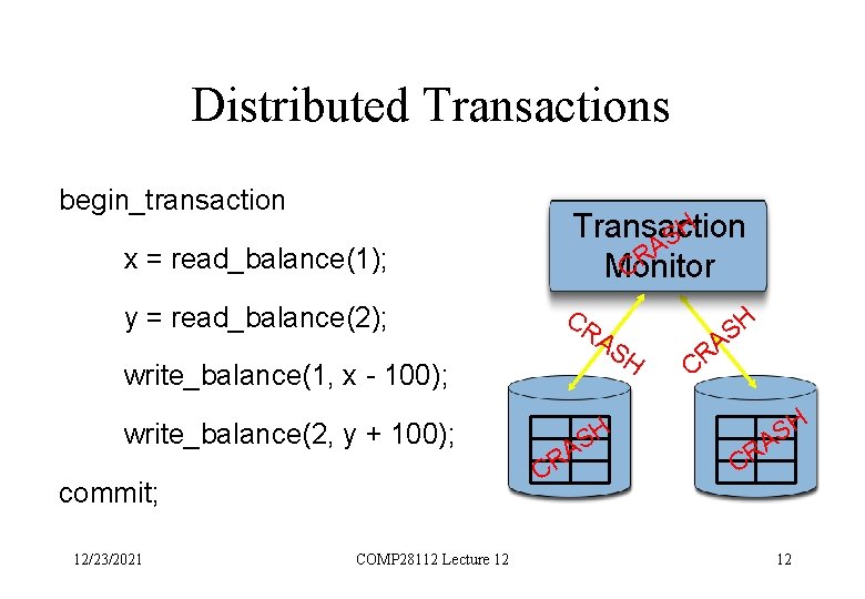 Distributed Transactions begin_transaction x = read_balance(1); y = read_balance(2); Transaction H S A R