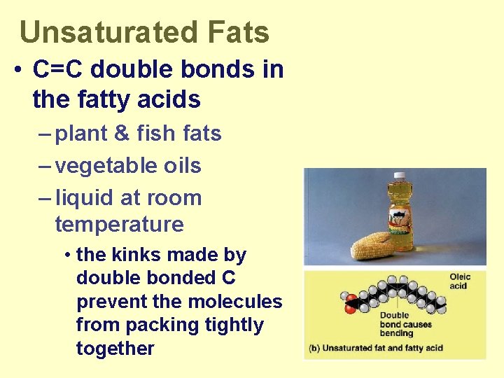Unsaturated Fats • C=C double bonds in the fatty acids – plant & fish