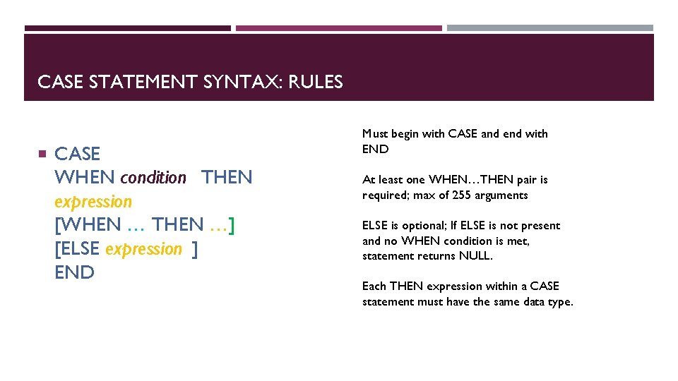 CASE STATEMENT SYNTAX: RULES CASE WHEN condition THEN expression [WHEN … THEN …] [ELSE