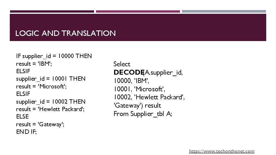 LOGIC AND TRANSLATION IF supplier_id = 10000 THEN result = 'IBM'; ELSIF supplier_id =