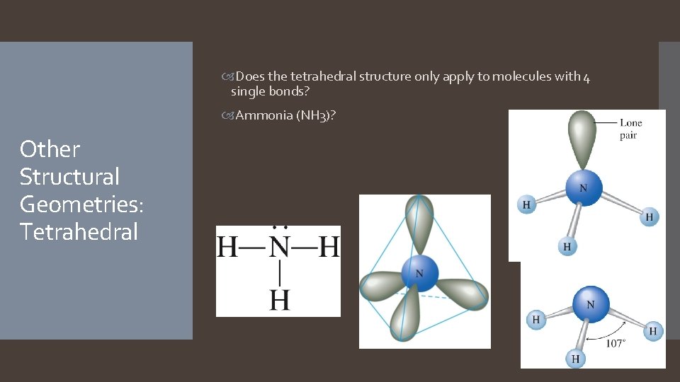Does the tetrahedral structure only apply to molecules with 4 single bonds? Ammonia  Does the tetrahedral structure only apply to molecules with 4 single bonds? Ammonia