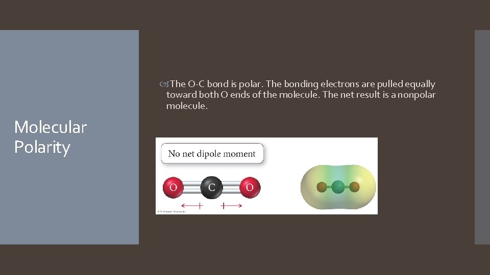 The O-C bond is polar. The bonding electrons are pulled equally toward both  The O-C bond is polar. The bonding electrons are pulled equally toward both