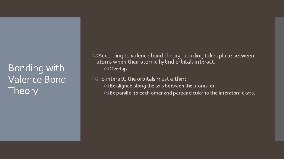 Bonding with Valence Bond Theory According to valence bond theory, bonding takes place between Bonding with Valence Bond Theory According to valence bond theory, bonding takes place between