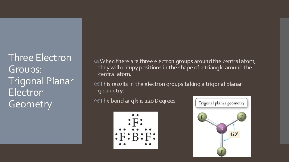 Three Electron Groups: Trigonal Planar Electron Geometry When there are three electron groups around Three Electron Groups: Trigonal Planar Electron Geometry When there are three electron groups around