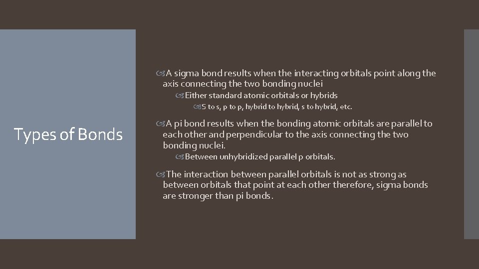 A sigma bond results when the interacting orbitals point along the axis connecting  A sigma bond results when the interacting orbitals point along the axis connecting