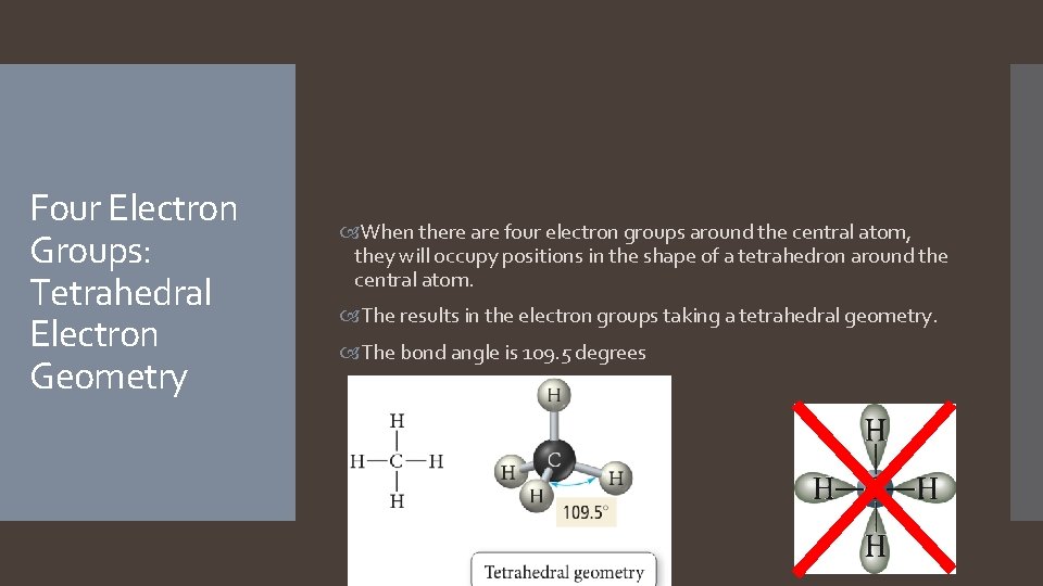 Four Electron Groups: Tetrahedral Electron Geometry When there are four electron groups around the Four Electron Groups: Tetrahedral Electron Geometry When there are four electron groups around the